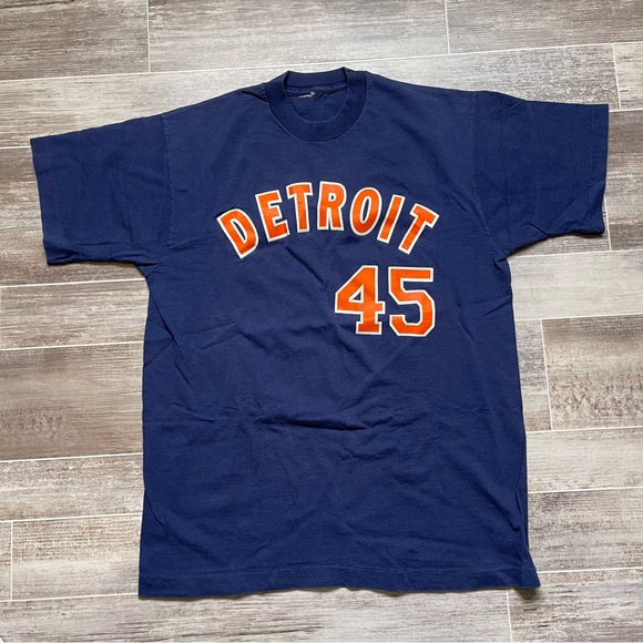 Vintage Detroit Tigers Fielder #45 T Shirt Single Stitch Navy Blue MLB - Picture 2 of 6